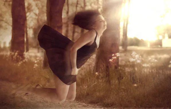 Girl, trees, flight, dress