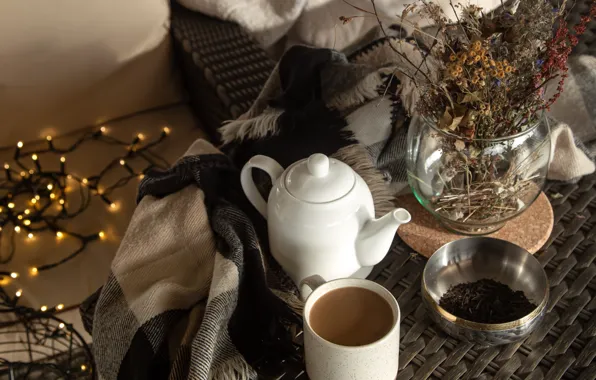 Picture comfort, tea, bouquet, kettle, plaid, garland, milk, naturmort