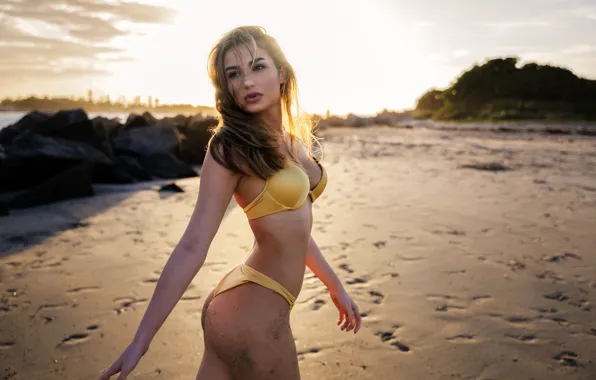 Beach, swimsuit, girl, the sun, sexy, pose, figure, brown hair
