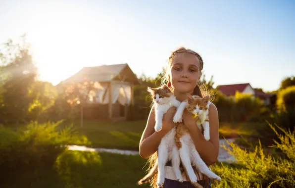 Picture village, girl, kitty