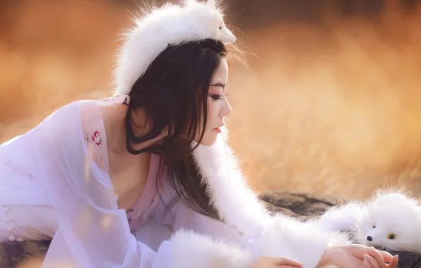 Girl, nature, toy, portrait, Fox, profile, Asian, Fox