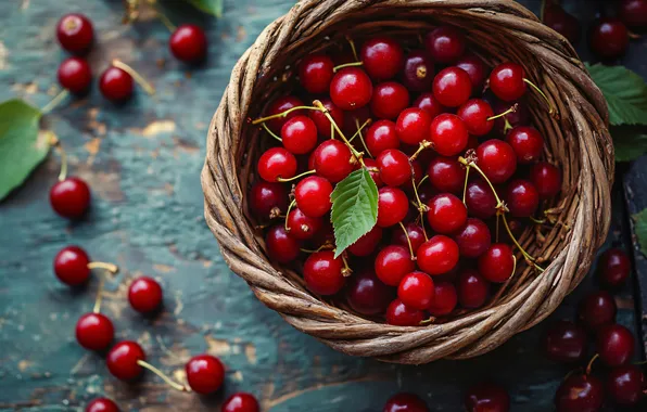 Cherry, berries, table, harvest, placer, basket, cherry, AI art
