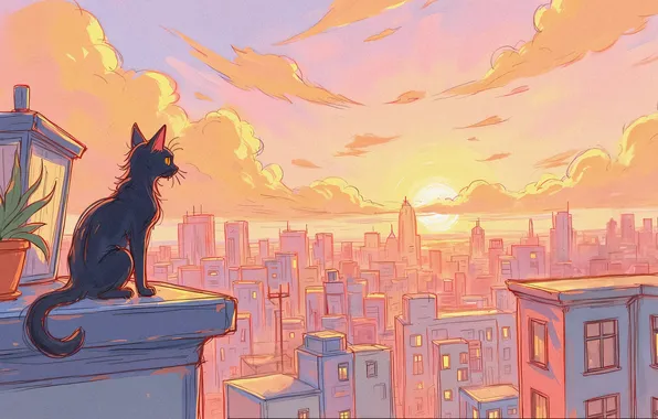 Roof, cat, the sky, cat, the sun, clouds, the city, pose