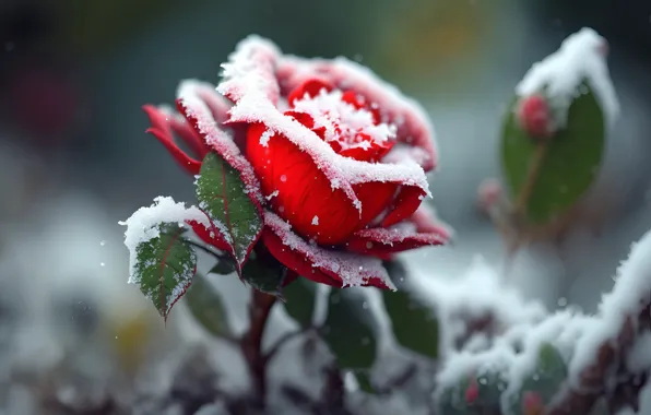 Winter, frost, flower, leaves, graphics, rose, Bud, art
