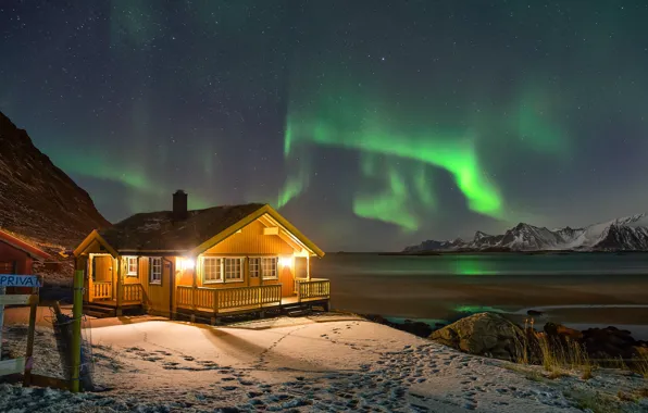 Picture winter, the sky, stars, snow, mountains, night, lights, shore