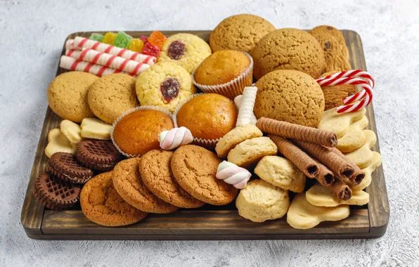 Cookies, candy, hearts, different, a lot, tray, tube, cupcakes