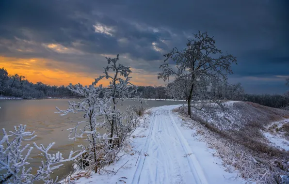 Winter, road, sunset, river