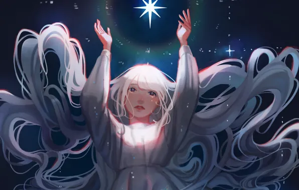 The sky, night, figure, star, long hair