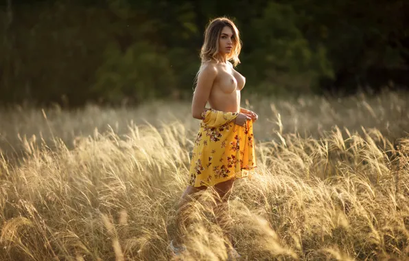 Field, chest, grass, look, the sun, trees, model, makeup