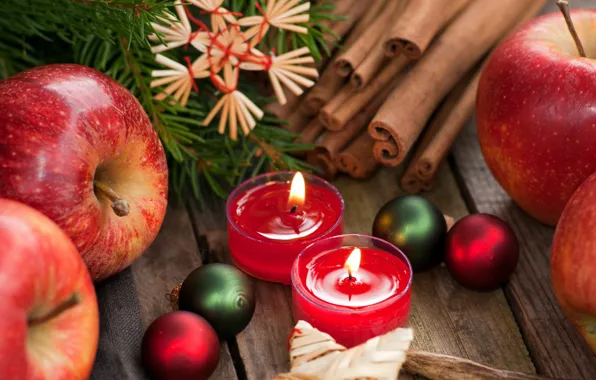Balls, decoration, branches, apples, toys, candles, New Year, Christmas
