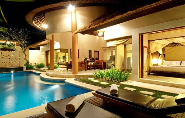 Picture water, night, Wallpaper, Villa, the evening, pool, table, sofas