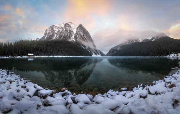 Winter, snow, mountains, lake, stones, rocks, house