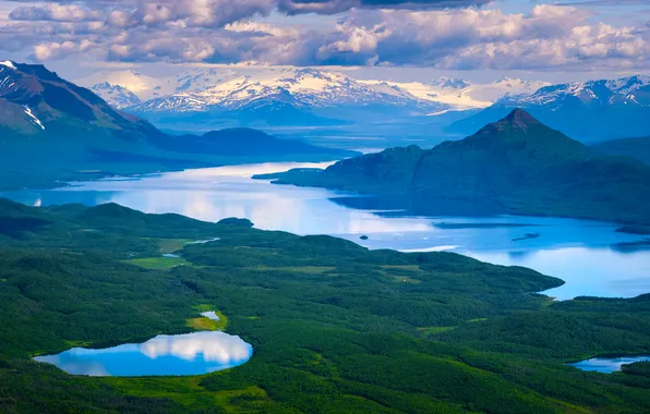 Forest, the sky, clouds, mountains, river, Alaska