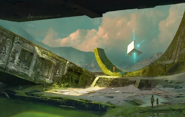Picture rays, people, art, cube, ruins, abandonment
