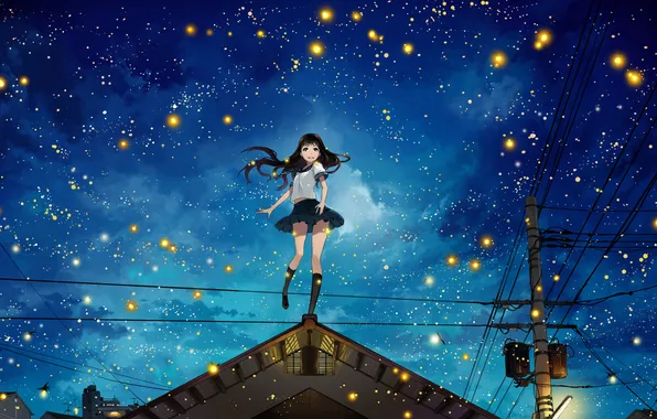 The sky, girl, stars, clouds, night, the city, fireflies, posts