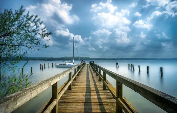 Landscape, bridge, lake, boat