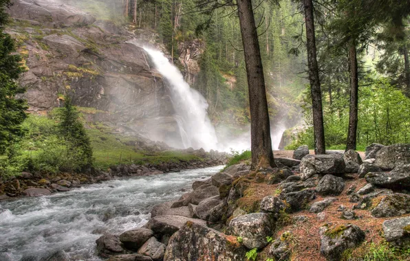 Trees, river, stones, waterfall, stream