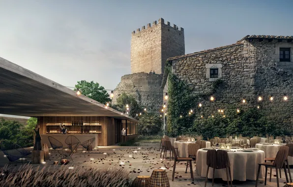 Castle, lighting, tables, yard, Castle Peratellada