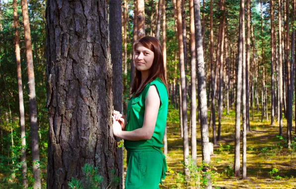 Forest, ass, chest, look, girl, trees, nature, beauty