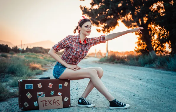 Picture road, girl, retro, suitcase, pin up