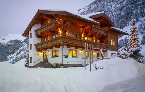 Winter, Mountains, Snow, House, Candle, Garland, Windows, Porch