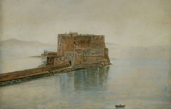 Sea, landscape, tower, picture, Fort, fortress, Castel Dell'ovo in Naples, Carl Gustav Carus