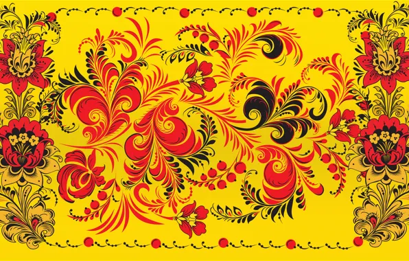 Flowers, Red, Yellow, Style, Background, Painting, Art, Khokhloma