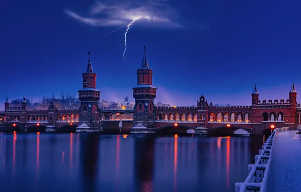 Picture the storm, night, bridge, river, lightning, promenade, Germany, Berlin
