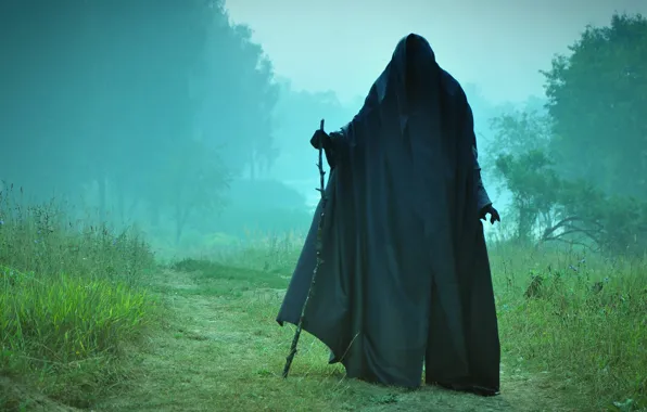 Fog, death, meeting, staff, the end, black cloak, on the road, Sawan