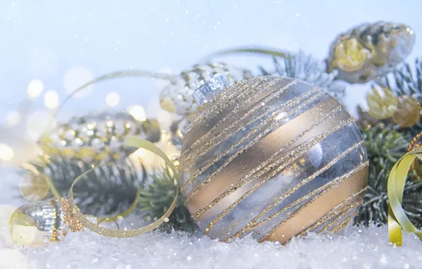 Balls, light, snow, strips, holiday, Christmas, New year, needles