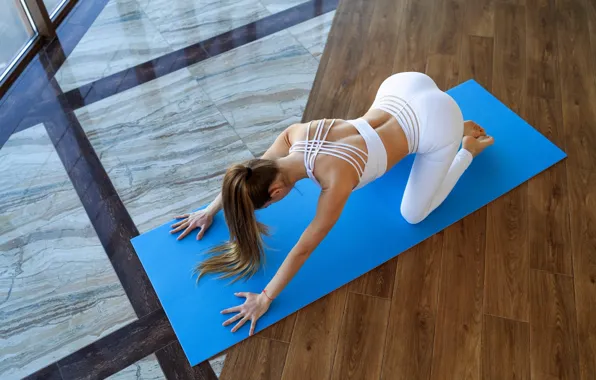 Pose, gymnastics, yoga, costume, Mat, brown hair