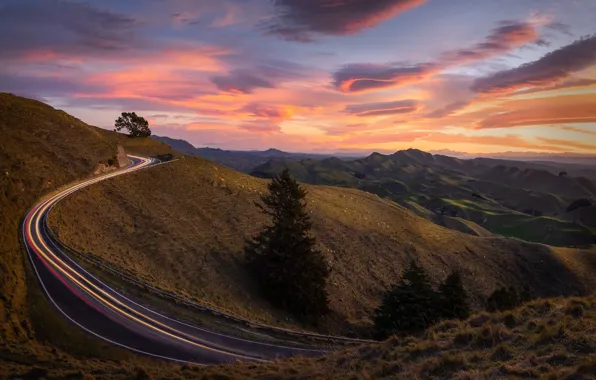 Road, sunset, mountains, hills, New Zealand, New Zealand, Hawke's Bay, Hawke's Bay