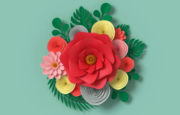 Flowers, rendering, pattern, colorful, flowers, composition, rendering, paper