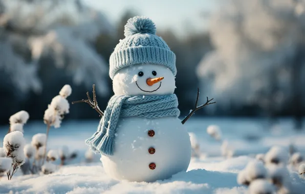 Winter, snow, New Year, Christmas, snowman, happy, Christmas, night