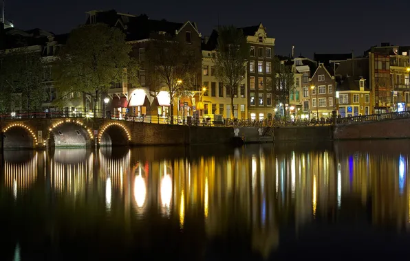 Night, bridge, lights, Windows, home, Amsterdam, channel, Netherlands