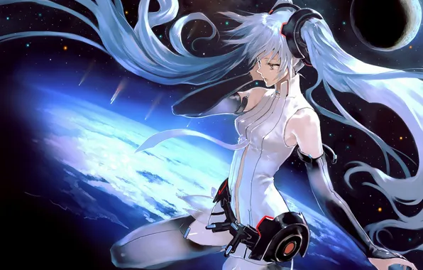 The sky, girl, space, stars, earth, planet, art, vocaloid