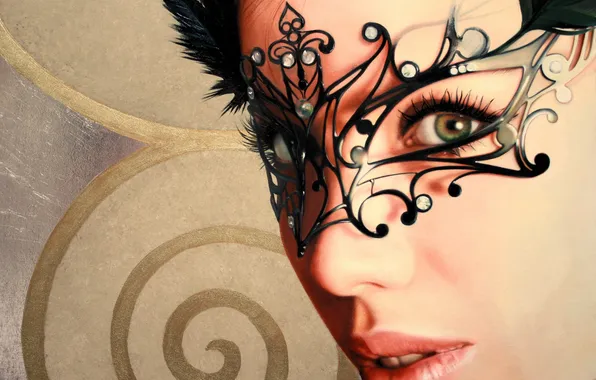 Look, girl, face, pattern, feathers, mask, lips, green eyes