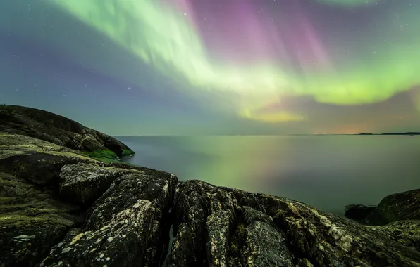 The sky, stars, night, stones, rocks, Northern lights, Finland