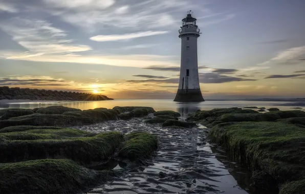 Sea, landscape, sunset, lighthouse