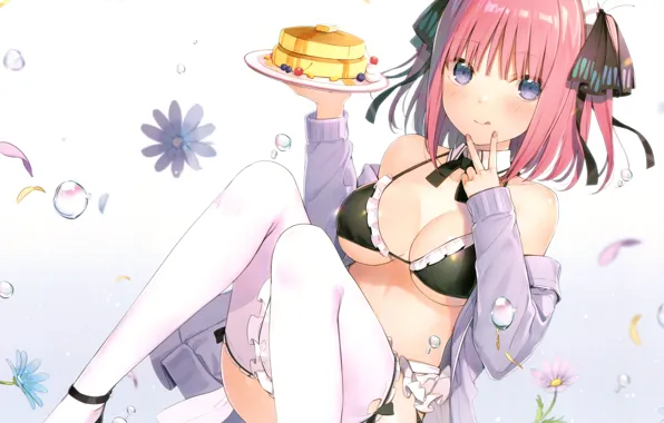 Plate, jacket, dessert, water drops, ruffles, red hair, white stockings, cosmos