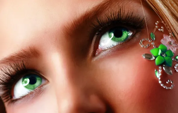 Eyes, girl, face, eyelashes, green, blonde, eyebrows, decoration