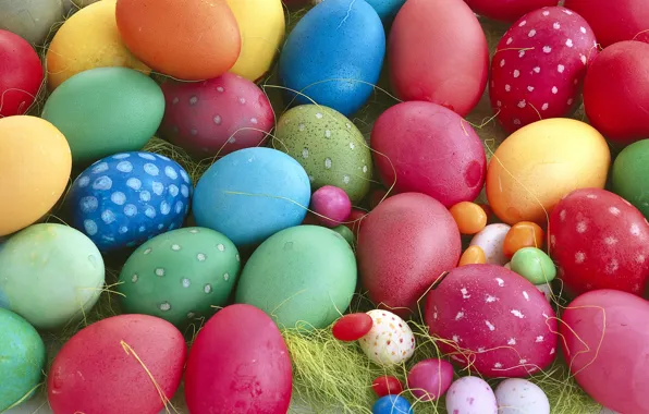 Macro, red, yellow, blue, eggs, spring, Easter, green