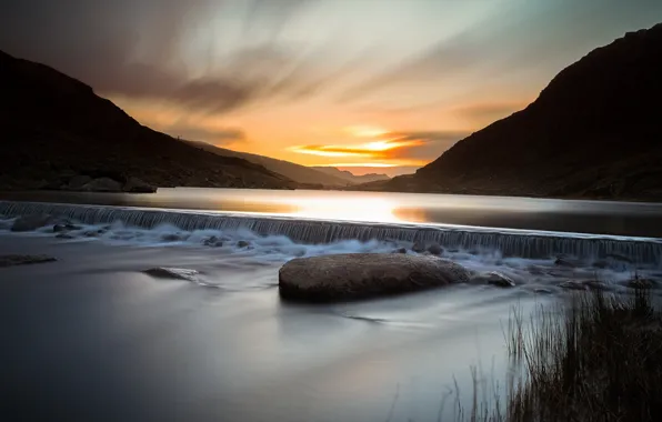 Mountains, river, sunrise, Wales, Snowdonia