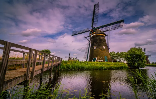 Bridge, river, channel, Netherlands, windmill, Kinderdijk, Kinderdijk