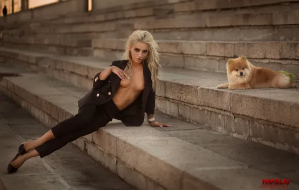 Chest, girl, pose, dog, costume, ladder, stage, doggie