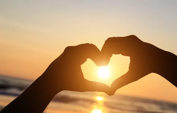 Love, sunset, heart, hands, love, beach, heart, sunset