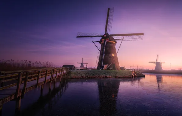 The evening, morning, haze, Netherlands, Windmills