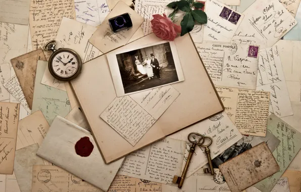 Watch, rose, old, photos, keys, vintage, vintage, the envelope