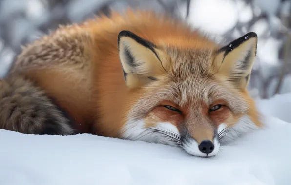 Winter, face, snow, nature, pose, Fox, the snow, lies
