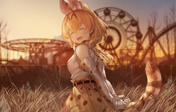 Girl, ears, anime, art, ponytail, serval, korus of, kemono friends